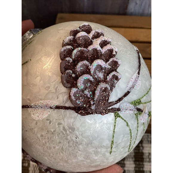Beautiful White Glittery Christmas Large Glass Ball Ornament With Pine Cones - Picture 12 of 12